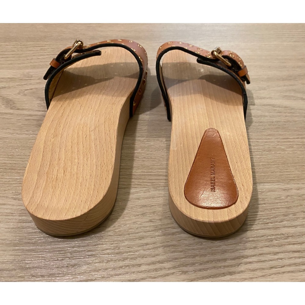 Isabel Marant Jaso Slide Sandal 40 Tan Leather Wood Studded Designer Luxury Boho - Picture 7 of 14